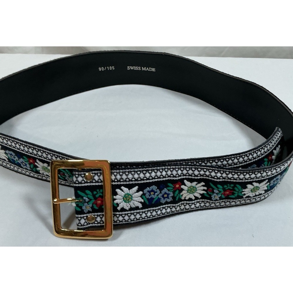 Vintage Swiss Made Edelweiss Floral Embroidered Belt 90/105 Gold Buckle Alpine